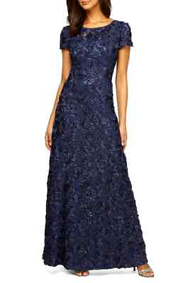 #ad Alex Evenings Navy Blue Sequin Rosette Lace A Line Gown Size 14 $269 $119.98