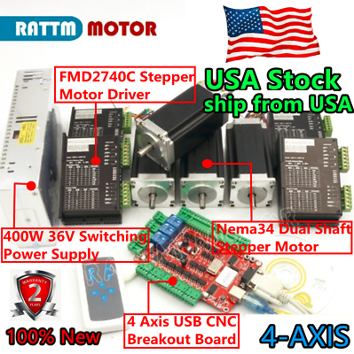 #ad US丨4 Axis Nema23 Dual shaft Stepper Motor 425oz in 280Ncm amp;Driver 4A USB CNC Kit $245.00
