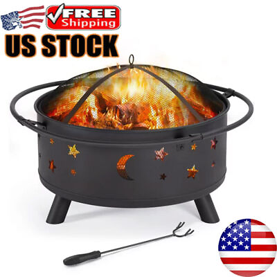 #ad Camping Iron Fire Pit Bowl Set Heating Equipment W Poker Mesh Cover BBQ Patio $136.68