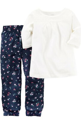 #ad Carters Toddler Girls 2 Piece Leggings Set Blue Printed Jogger Ivory Top 2T 4T $4.27