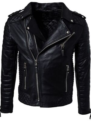 #ad New Leather Jacket Mens Biker Motorcycle Real Leather Coat Slim Fit Black #1083 $118.00