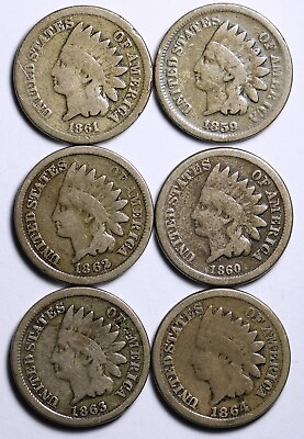 #ad 1859 1864 CN SHORT SET INDIAN HEAD CENT LOT OF 6 G VG FREE SHIPPING  $133.44