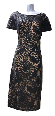 #ad Alex Evenings Knee Length Floral Embroidered Cocktail Sheath Dress Nude Black 14 $119.99