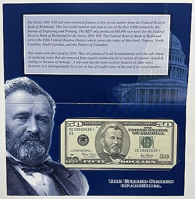 #ad 2001 $50 Richmond Single Star Federal Reserve Note Uncirculated in BEP Envelope $189.99
