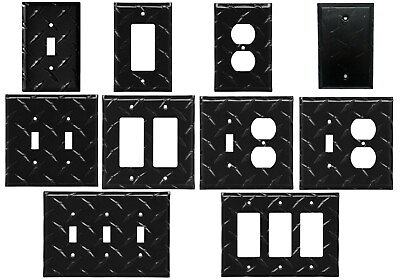 #ad Diamond Plate BLACK Aluminum Wall Switch Plate Outlet Cover Toggle Rocker Garage $4.99