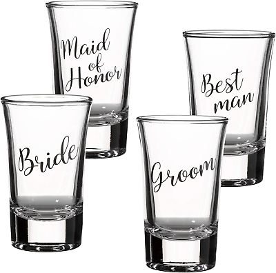 #ad Bride Groom Maid of Honor and Best Man Shot Glass Set 4 Count Pack of 1 Clear $17.95