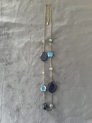 #ad Natasha Statement Necklace 32” Glass Stone Acrylic Bronze Chain Iridescent Blues $32.00