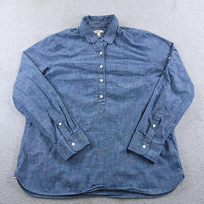#ad J CREW Shirt Womens 14 Blue Chambray Half Button Popover Roll Tab Sleeve Casual $24.00