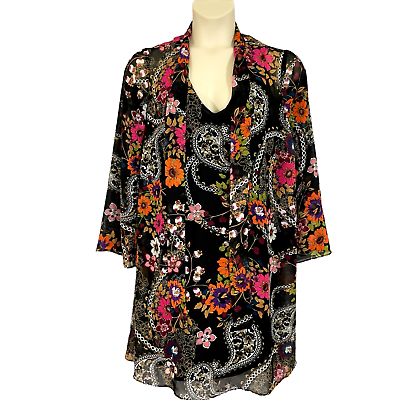 Beige eci Womens Dress Plus 14 W Black Boho Floral Paisley Sheer Lined Shift $11.33