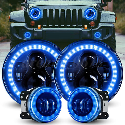 #ad Halo Blue DRL 7quot; LED Headlights 4quot; Fog Lights Combo Kit For Jeep Wrangler JK JKU $64.94