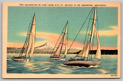 #ad Sailboating Puget Sound Mount Rainier Washington Snowcapped Mountain Postcard $9.00