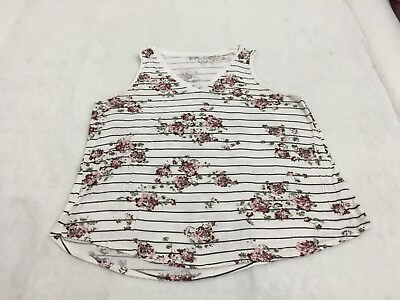 #ad Maurices 24 7 Tank Top Plus Size 2X White Pink Green Floral Striped V Neck $12.99