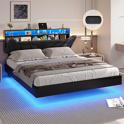 #ad Floating Bed Frame with Led Lights Upholstered Platform Hidden Storage Headboard $239.99