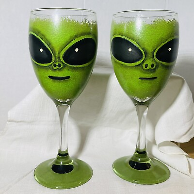 #ad Green Alien Ware Wine Glasses Roswell Area 51 UFO Hand Painted Bar Barware Set 2 $15.99