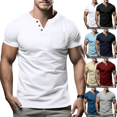 #ad American Mens Muscle T Shirt Casual V Neck Slim Solid Color Short Sleeve Top Tee $20.20