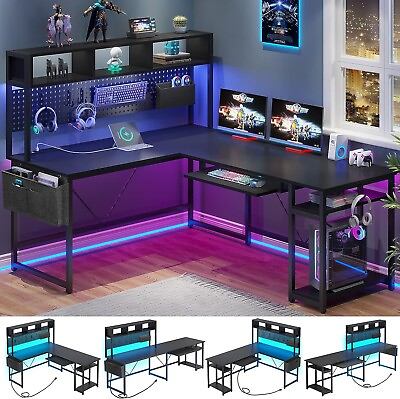 #ad L Shaped Gaming Desk with Led Lights and Keyboard Tray Reversible Computer Desk $175.97