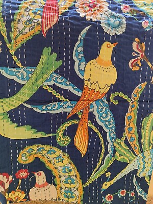#ad Indian Handmade Blue Pecock Print kantha Quilt Cotton Blanket Throw Bedspread $46.75