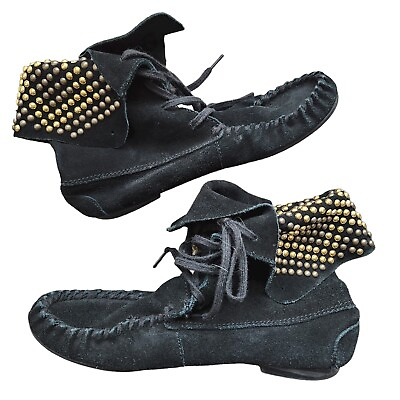 #ad Steven Madden T Stud Black Suede Studded Moccasin Bootie Metal Women’s Size 8 $14.45