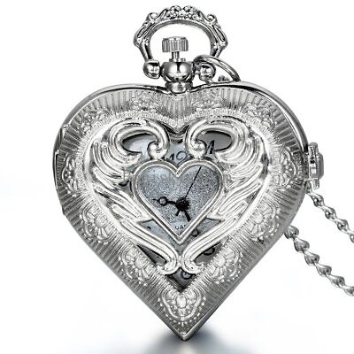 #ad Vintage Women Girl Hollow Heart Shape Pendant Necklace Chain Pocket Watch Gift $10.99