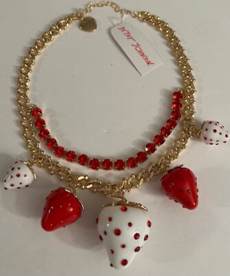 #ad $148 BETSEY JOHNSON Crystal Rose Enamel 3D Strawberry Pendant Necklace Babycakes $79.99