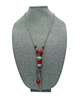 #ad Vintage Silver Tone Red Beaded Lucky Elephant Fetish Necklace 24 26” Estate Item $19.99
