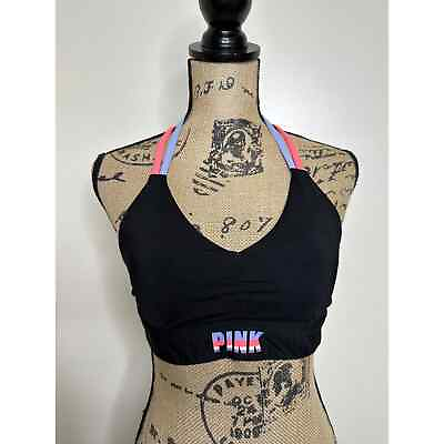 #ad Victoria#x27;s Secret PINK Ultimate Halter Sports Bra Unlined BLACK Strappy Medium $14.99