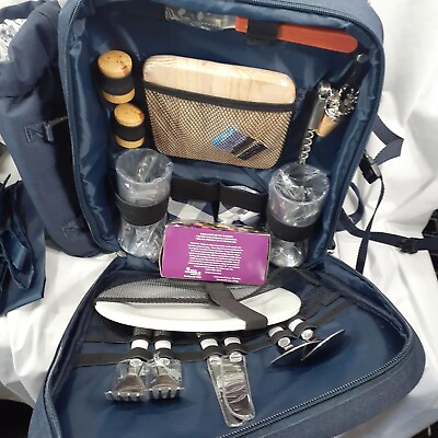 #ad Picnic Backpack Wine Cheese Gift Set Insulated Plates Glasses Utensils For 2 $29.95