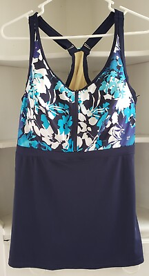 #ad 38 DD Tankini Top Swimsuits For All Black Blue Floral Zip Front Built In Bra New $54.95
