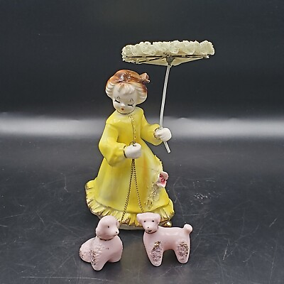 #ad Vtg Lipper amp; Mann Porcelain Lady W Parasol amp; Pink Poodles Japan $44.99