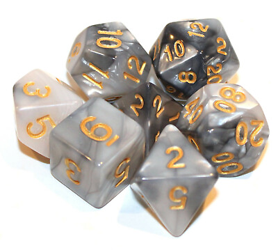 #ad 7 Piece Grey White Gemini Polyhedral Dice Set with Gray Dice Bag Damp;D RPG $11.95