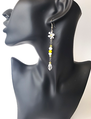 #ad Sweet Daisies Linear Dangle Drop earrings Yellow amp; White Glass Beads NEW Flower $2.50
