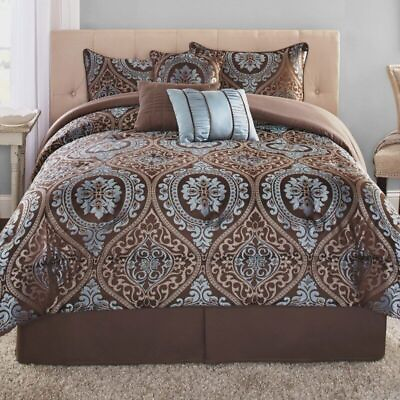 #ad 7 Piece Jacquard Comfortable Set Quilt Sheet Pillow and Bed Skirt Brown 2023 $102.81