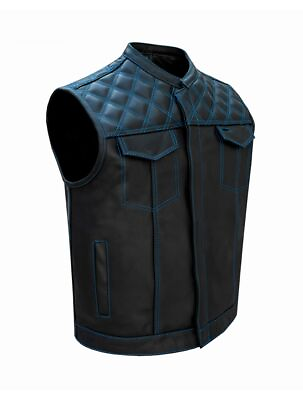 #ad Mens Black Club Vest Diamond Design Blue Thread Premium Cowhide Leather $139.84