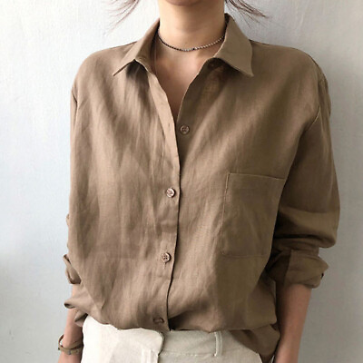 #ad Womens Linen Cotton Button Blouse Tops Casual Collared Long Sleeve Shirts $13.59