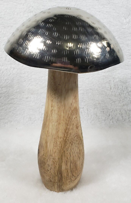 #ad NEW Natural Stainless Steel Mushroom Decor With SOLID Wood Stalk Made in India $24.99