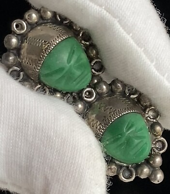 #ad Vintage Mexico Silver Stamped Green Stone Warrior Face 1” Pendant Lot Sterling $54.00