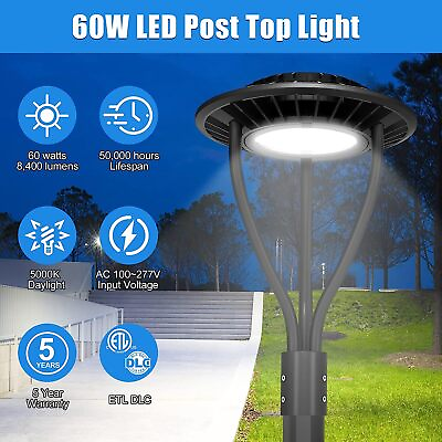 #ad 60W LED Post Top Light Circular Area Pole Lighting Fixtures 5000K Dusk to Dawn $120.71