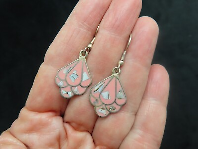 #ad Vintage Mexico Alpaca Inlaid Pink Dangle Pierced Earrings $13.49