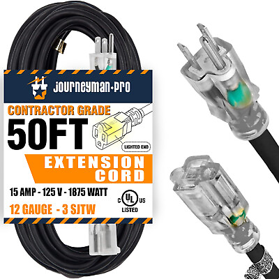 #ad 50FT 12AWG 15 AMP 120V Lighted Heavy Duty Contractor Extension Cord 12 Gauge BLK $49.99