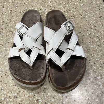 #ad Muk Luks Shayna White Leather Terra Turf Sandals Women#x27;s Size 8 Slide Flat $19.99