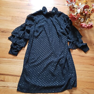 #ad ECI Black NY Swiss Dot Dress 12 Size Ruffled Collar ALine Sheer Overlay NWT $50.00