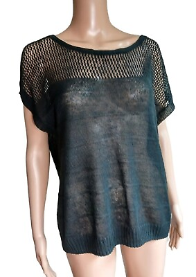 #ad Mossimo Womens Black Linen Top Short Sleeved Meshed Knit Oversized Size Medium $12.99