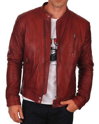 #ad New Leather Jacket Mens Biker Motorcycle Real Leather Coat Slim Fit Red #679 $118.00
