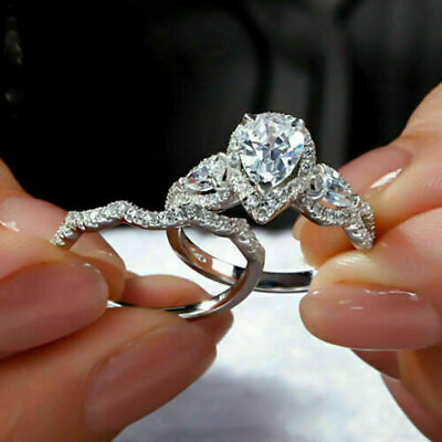 #ad 14K White Gold 2 Ct Simulated Diamond Modern Engagement Wedding Bridal Set Ring $329.22