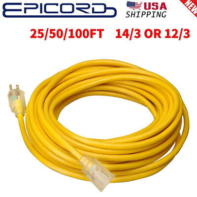 #ad 50 100 Foot Lighted Outdoor Extension Cord 12 3 SJTW Heavy Duty Yellow USA $44.99