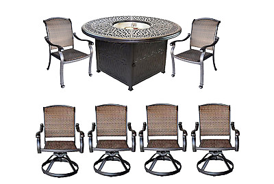 #ad Elisabeth patio 7pc fire pit dining set with round propane table Dark Bronze $3545.00
