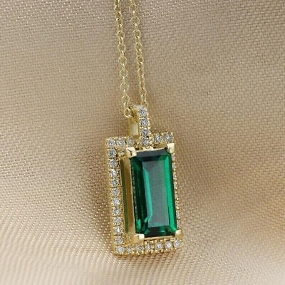 #ad 4 CT Lab Created Green Emerald and Moissanite Halo Pendant 14K Yellow Gold Over $169.99