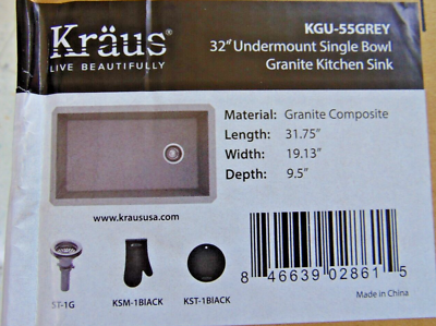 #ad KRAUS Bowl Kitchen Sink 32 in Forteza Undermount Granite Composite Single Grey $265.99