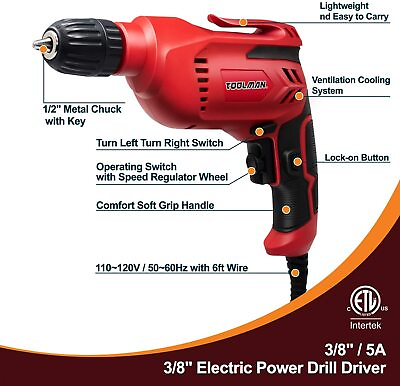 #ad TOOLMAN 3 8 inch Corded Electric Drill Variable Speed Reversible Power Drill $28.59