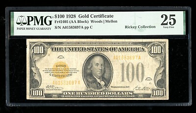 #ad DBR 1928 $100 Gold Certificate Fr. 2405 PMG 25 Serial A01583697A $1598.50